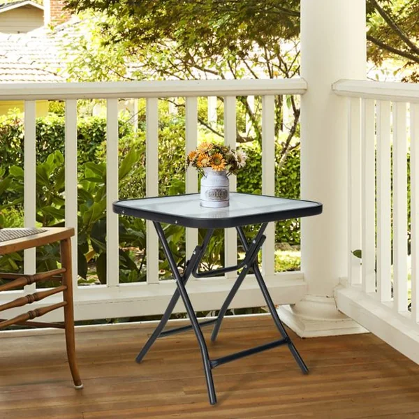 Table de Jardin Bistro Pliante 46,5x46,5x42cm en Verre&Acier pour Intérieur Extérieur Patio Balcon Charge 25kg Noir