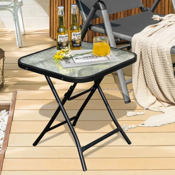 Table de Jardin Bistro Pliante 46,5x46,5x42cm en Verre&Acier pour Intérieur Extérieur Patio Balcon Charge 25kg Noir