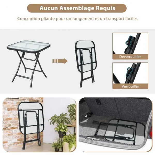 Table de Jardin Bistro Pliante 46,5x46,5x42cm en Verre&Acier pour Intérieur Extérieur Patio Balcon Charge 25kg Noir
