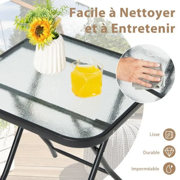Table de Jardin Bistro Pliante 46,5x46,5x42cm en Verre&Acier pour Intérieur Extérieur Patio Balcon Charge 25kg Noir