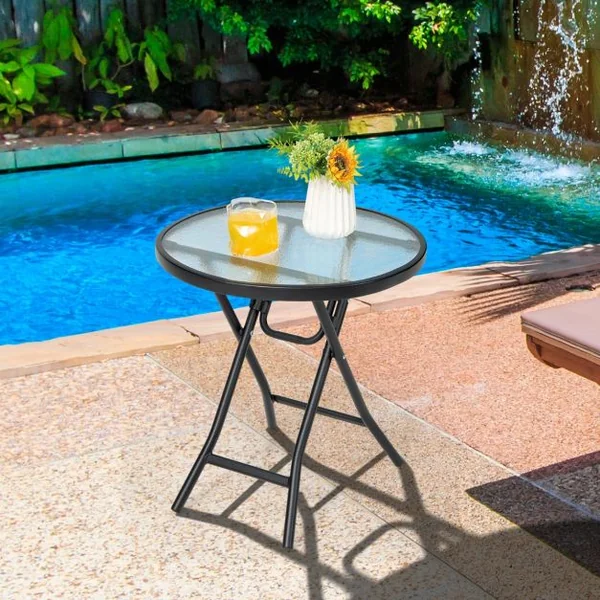 Table de Jardin Bistro Pliante φ46x47cm en Verre&Acier pour Intérieur Extérieur Patio Balcon Terrasse Charge 50 kg Noir