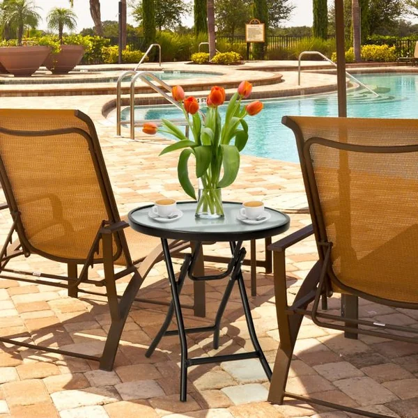 Table de Jardin Bistro Pliante φ46x47cm en Verre&Acier pour Intérieur Extérieur Patio Balcon Terrasse Charge 50 kg Noir