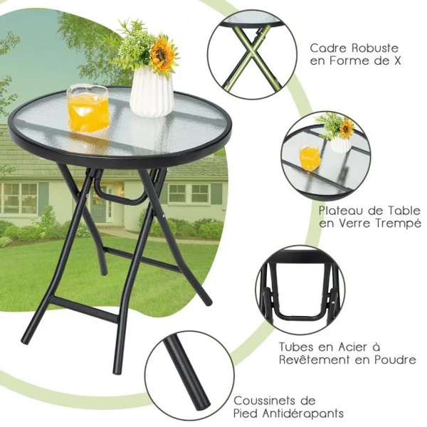 Table de Jardin Bistro Pliante φ46x47cm en Verre&Acier pour Intérieur Extérieur Patio Balcon Terrasse Charge 50 kg Noir