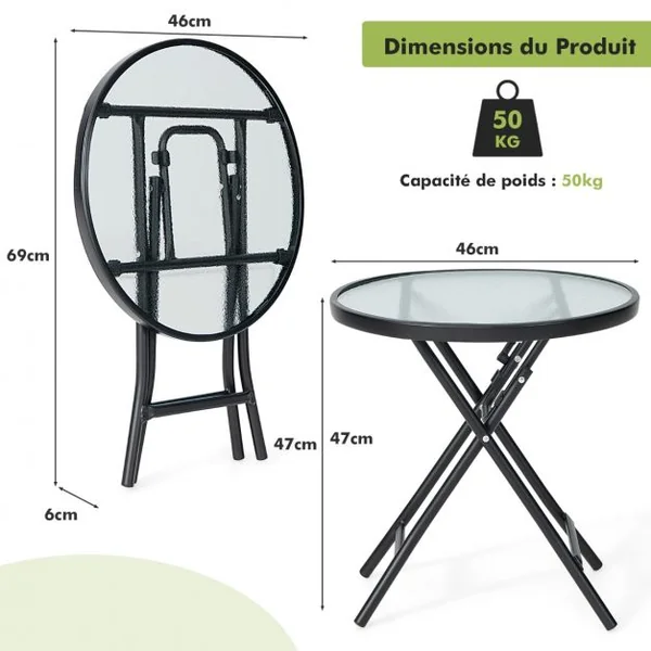 Table de Jardin Bistro Pliante φ46x47cm en Verre&Acier pour Intérieur Extérieur Patio Balcon Terrasse Charge 50 kg Noir