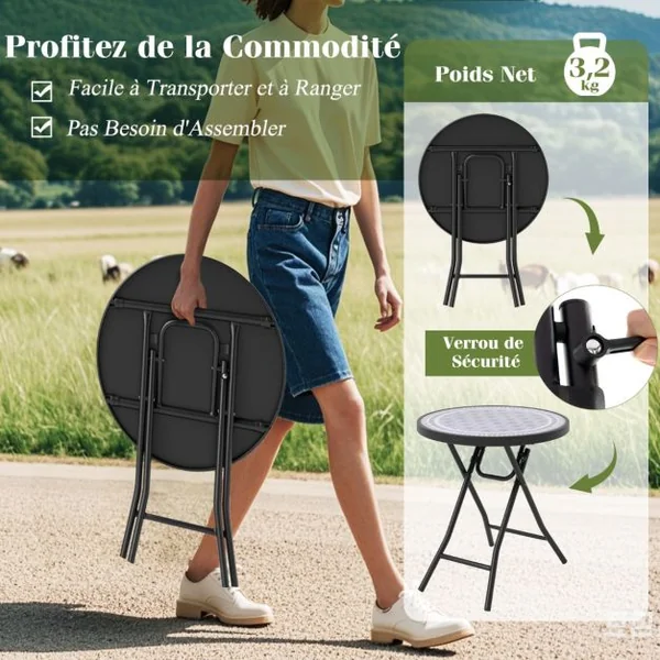 Table de Jardin Bistro Ronde Pliante de 46 cm Table Basse Extérieur avec Plateau en Verre Trempé Cadre en Métal Robuste Charge 50 kg Noir/Gris