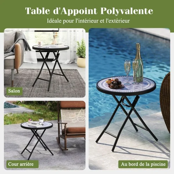 Table de Jardin Bistro Ronde Pliante de 46 cm Table Basse Extérieur avec Plateau en Verre Trempé Cadre en Métal Robuste Charge 50 kg Noir/Gris