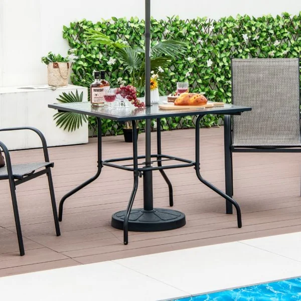 Table de Jardin Carrée en Verre Trempé Trou de Parasol 38MM pour 4 Personnes Table d'Appoint pour Patio Piscine Balcon