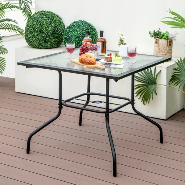 Table de Jardin Carrée en Verre Trempé Trou de Parasol 38MM pour 4 Personnes Table d'Appoint pour Patio Piscine Balcon