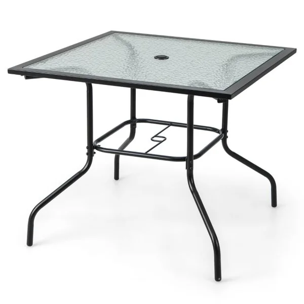 Table de Jardin Carrée en Verre Trempé Trou de Parasol 38MM pour 4 Personnes Table d'Appoint pour Patio Piscine Balcon