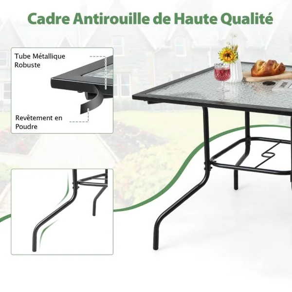 Table de Jardin Carrée en Verre Trempé Trou de Parasol 38MM pour 4 Personnes Table d'Appoint pour Patio Piscine Balcon