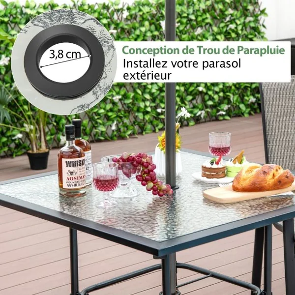 Table de Jardin Carrée en Verre Trempé Trou de Parasol 38MM pour 4 Personnes Table d'Appoint pour Patio Piscine Balcon