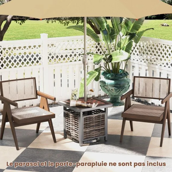 Table de Jardin Carrée Plateau en Résine 55 CM Table Basse de Patio en Rotin PE avec Trou pour Parasol Cadre en Métal