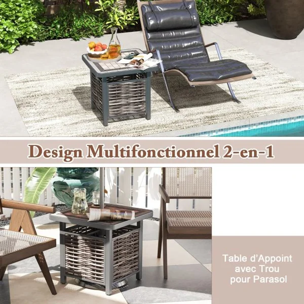 Table de Jardin Carrée Plateau en Résine 55 CM Table Basse de Patio en Rotin PE avec Trou pour Parasol Cadre en Métal