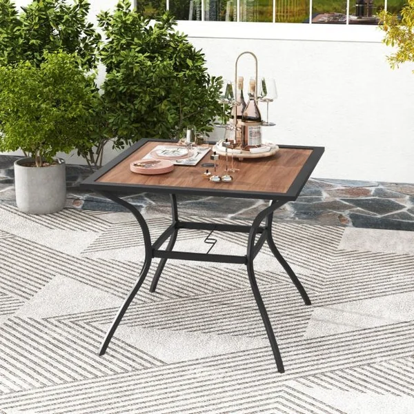 Table de Jardin Carrée pour 4 Personnes Table Bistrot avec Trou pour Parasol Réglable Plateau en Bois Cadre en Métal Terrasse