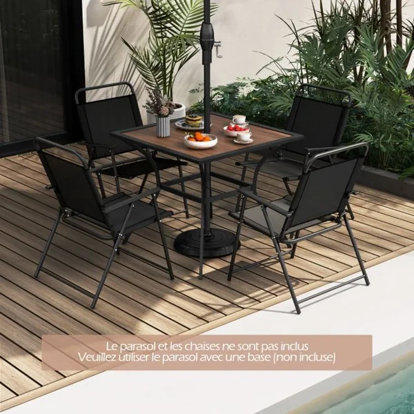 Table de Jardin Carrée pour 4 Personnes Table Bistrot avec Trou pour Parasol Réglable Plateau en Bois Cadre en Métal Terrasse