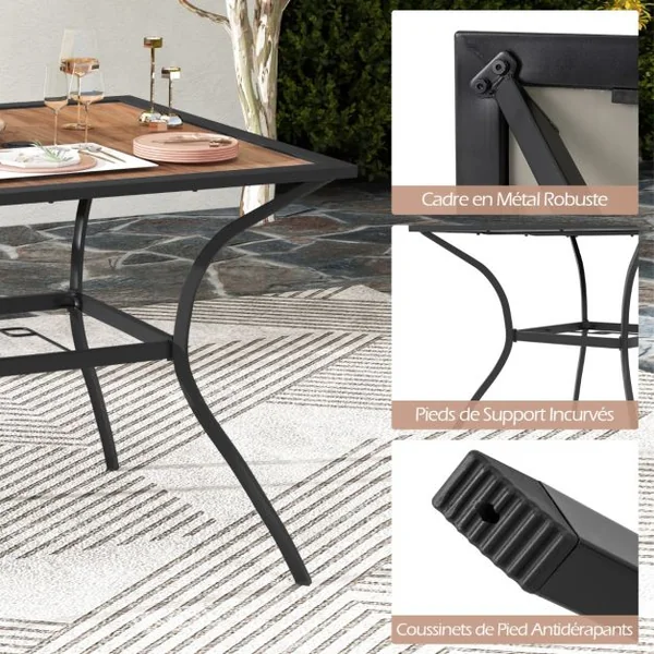 Table de Jardin Carrée pour 4 Personnes Table Bistrot avec Trou pour Parasol Réglable Plateau en Bois Cadre en Métal Terrasse