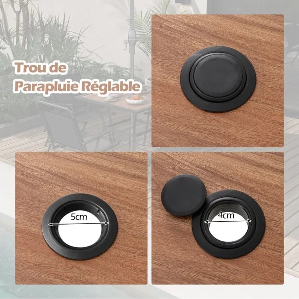 Table de Jardin Carrée pour 4 Personnes Table Bistrot avec Trou pour Parasol Réglable Plateau en Bois Cadre en Métal Terrasse