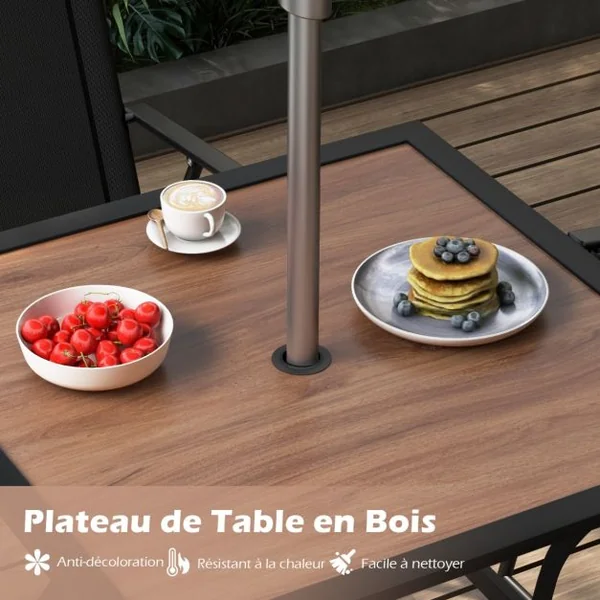 Table de Jardin Carrée pour 4 Personnes Table Bistrot avec Trou pour Parasol Réglable Plateau en Bois Cadre en Métal Terrasse