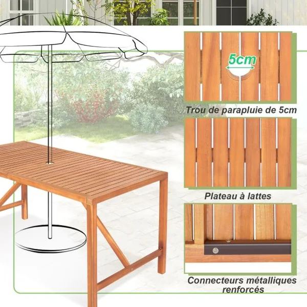 Table de Jardin en Bois d'Acacia pour 4 à 6 Personnes avec Trou de Parapluie 140x75x75CM pour Salle à Manger et Terrasse