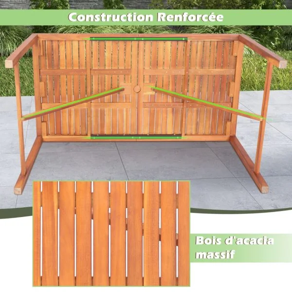 Table de Jardin en Bois d'Acacia pour 4 à 6 Personnes avec Trou de Parapluie 140x75x75CM pour Salle à Manger et Terrasse