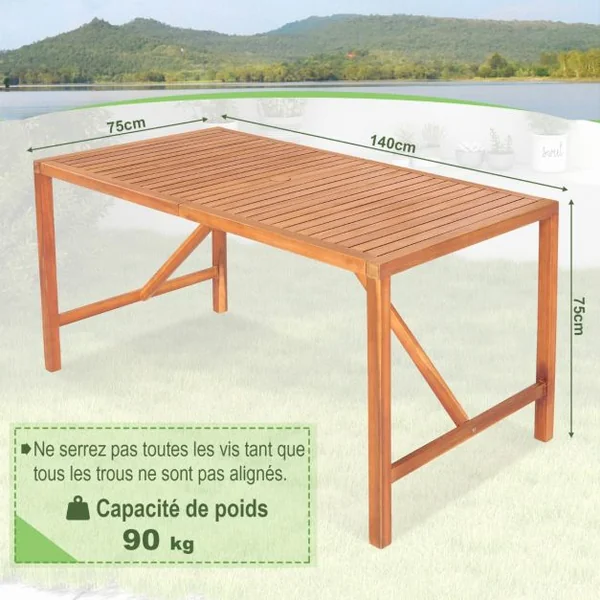Table de Jardin en Bois d'Acacia pour 4 à 6 Personnes avec Trou de Parapluie 140x75x75CM pour Salle à Manger et Terrasse