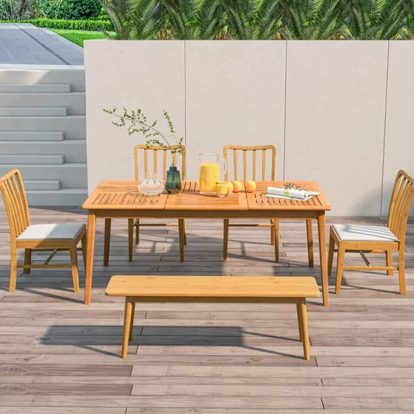Table de Jardin en Bois d'Acacia pour 6 Personnes Table de Salle à Manger de 170 x 90 cm avec Trou pour Parasol 5 cm Naturel