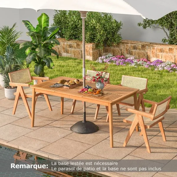 Table de Jardin en Bois d'Acacia pour 6 Personnes Table de Salle à Manger de 170 x 90 cm avec Trou pour Parasol 5 cm Naturel