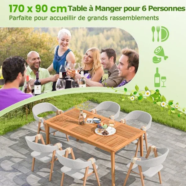Table de Jardin en Bois d'Acacia pour 6 Personnes Table de Salle à Manger de 170 x 90 cm avec Trou pour Parasol 5 cm Naturel