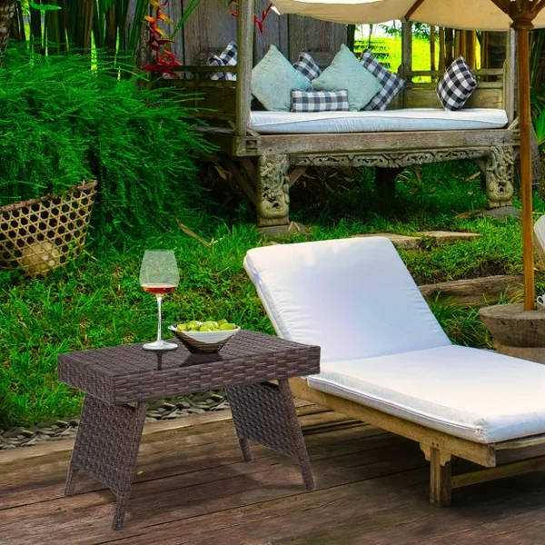 Table de Jardin en Rotin Pliante Table Basse en Rotin Tressé pour Salon Balcon Structure en Fer, 60x40x39cm, Marron