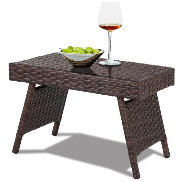 Table de Jardin en Rotin Pliante Table Basse en Rotin Tressé pour Salon Balcon Structure en Fer, 60x40x39cm, Marron