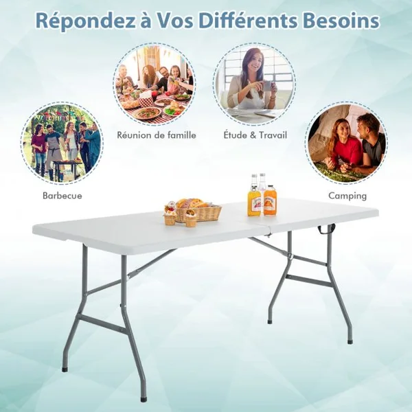 Table de Jardin Pliable 180 x 73 x 73 cm en PEHD et Acier avec Poignée de Transport pour Pique-Nique Camping Barbecue Blanc