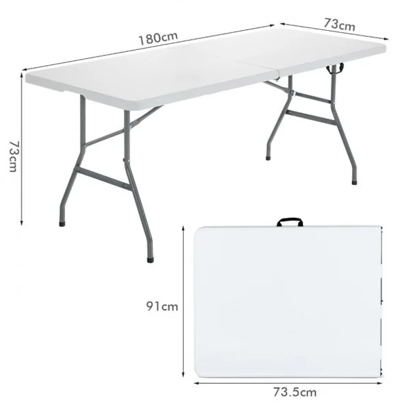 Table de Jardin Pliable 180 x 73 x 73 cm en PEHD et Acier avec Poignée de Transport pour Pique-Nique Camping Barbecue Blanc