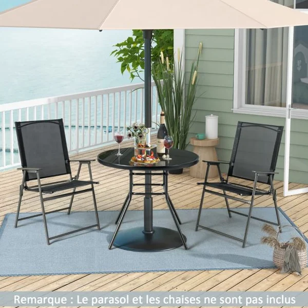 Table de Jardin Ronde 86 CM en Verre Trempé Table d'Appoint d’Extérieur avec Trou pour Parasol de 3,5 cm Cadre en Métal