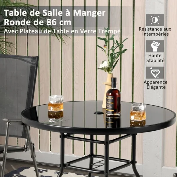 Table de Jardin Ronde 86 CM en Verre Trempé Table d'Appoint d’Extérieur avec Trou pour Parasol de 3,5 cm Cadre en Métal