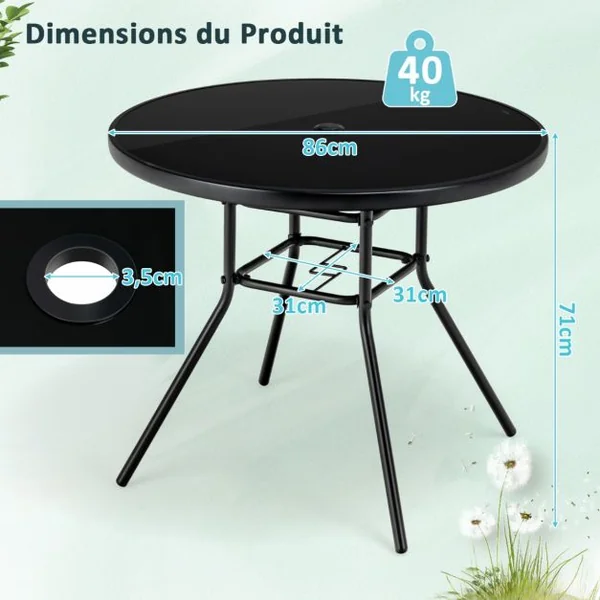 Table de Jardin Ronde 86 CM en Verre Trempé Table d'Appoint d’Extérieur avec Trou pour Parasol de 3,5 cm Cadre en Métal