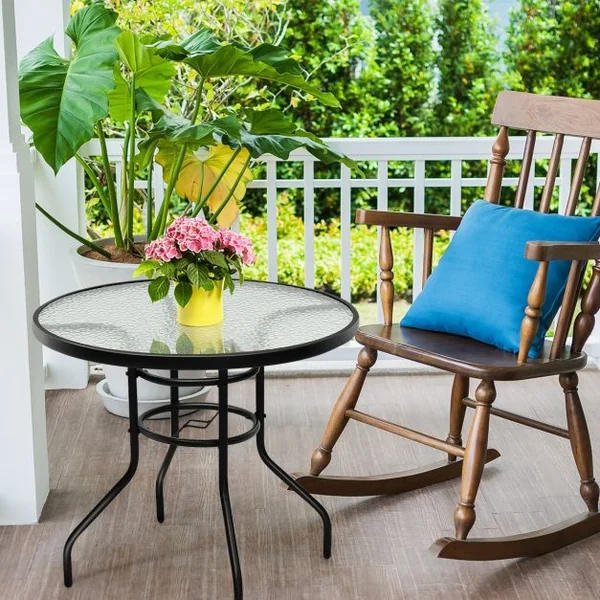 Table de Jardin Ronde Plateau en Verre Trempé avec Trou de Parasol 4 Cm Capacité 80 Kg en Métal 80x80x72cm Noir