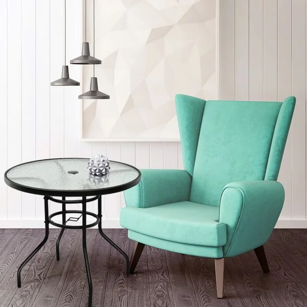 Table de Jardin Ronde Plateau en Verre Trempé avec Trou de Parasol 4 Cm Capacité 80 Kg en Métal 80x80x72cm Noir
