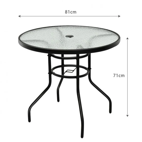 Table de Jardin Ronde Plateau en Verre Trempé avec Trou de Parasol 4 Cm Capacité 80 Kg en Métal 80x80x72cm Noir