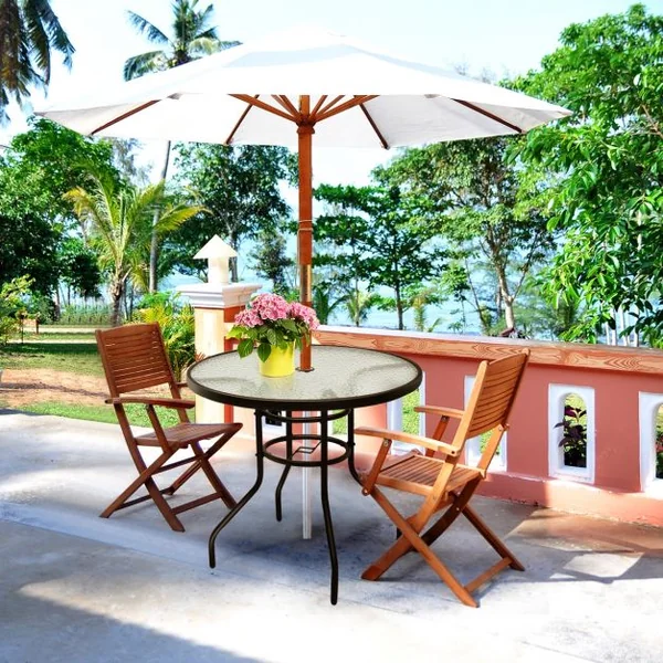 Table de Jardin Ronde Plateau en Verre Trempé avec Trou de Parasol 4 Cm Capacité 80 Kg en Métal 80x80x72cm Noir