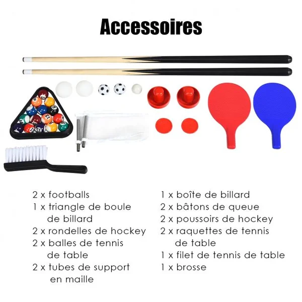 Table de Jeux Multifonction 4 en 1 Baby-foot Air Hockey Billard Tennis de Table 81 x 43 x 30,5 cm