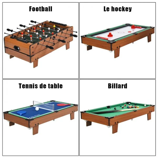 Table de Jeux Multifonction 4 en 1 Baby-foot Air Hockey Billard Tennis de Table 81 x 43 x 30,5 cm