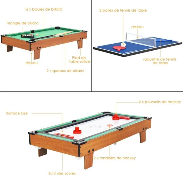 Table de Jeux Multifonction 4 en 1 Baby-foot Air Hockey Billard Tennis de Table 81 x 43 x 30,5 cm