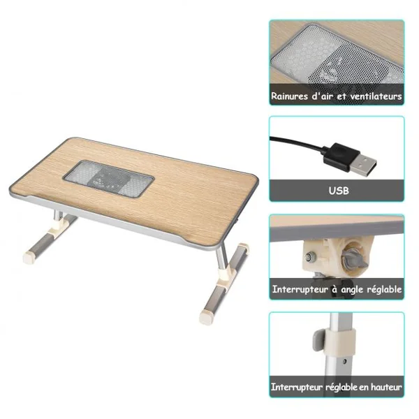 Table de lit pliable et portable Plateau de lit avec Câble USB Réglable à 30° 52x30x23,5-31,5cm Blanc argenté
