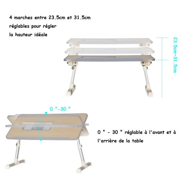Table de lit pliable et portable Plateau de lit avec Câble USB Réglable à 30° 52x30x23,5-31,5cm Blanc argenté