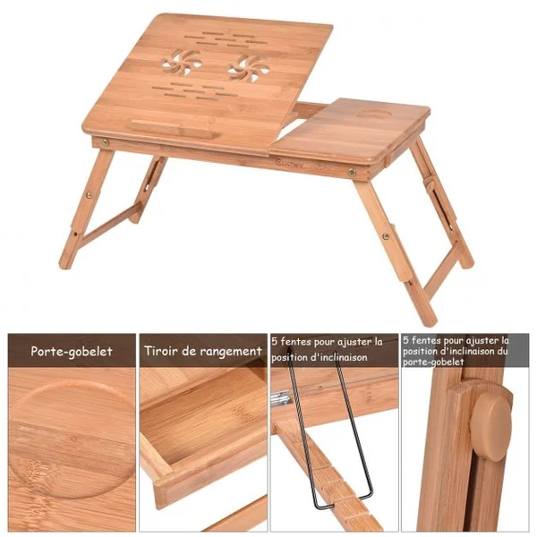 Table de Lit Pliable Table Portable pour Ordinateur avec Angle Ajustable en 5 Positions 56x35,5x29cm