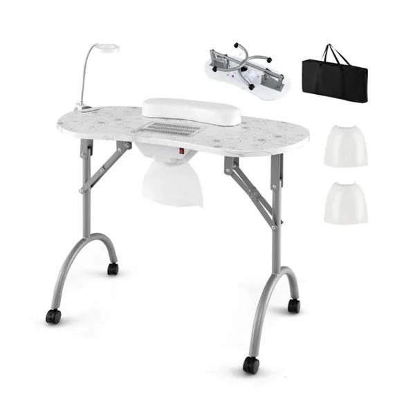 Table de Manucure Pliante avec Collecteur de Poussière Électrique Bureau d’Esthéticienne avec Lampe LED Flexible Coussin pour Poignet Blanc