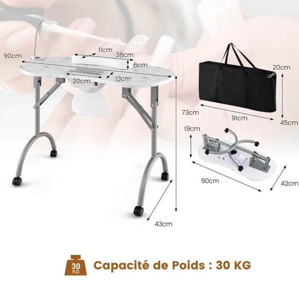 Table de Manucure Pliante avec Collecteur de Poussière Électrique Bureau d’Esthéticienne avec Lampe LED Flexible Coussin pour Poignet Blanc