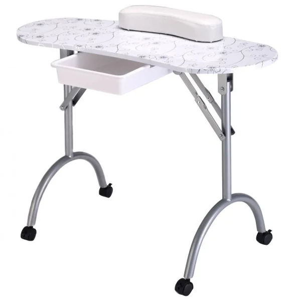 Table de manucure pliante portable pour ongles cosmétique avec roulettes tiroir coussin et housse, 90 x 37 x 68 cm, Blanc