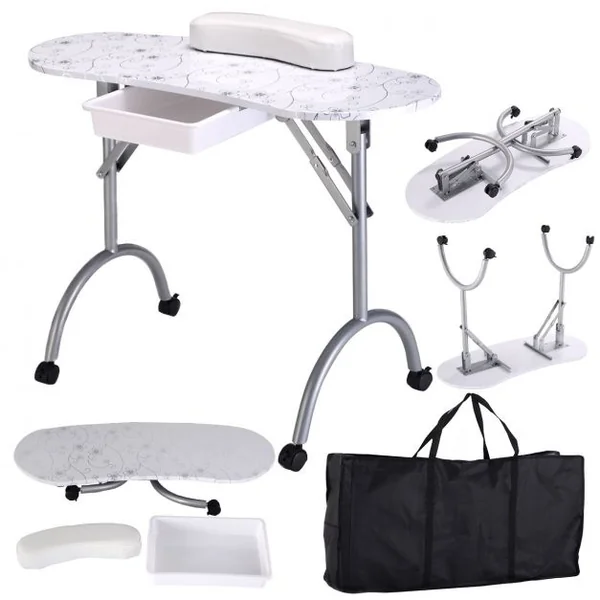 Table de manucure pliante portable pour ongles cosmétique avec roulettes tiroir coussin et housse, 90 x 37 x 68 cm, Blanc
