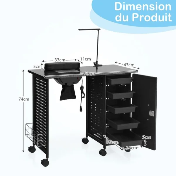 Table de Manucure Professionnelle avec 5 Tiroirs Amovibles 6 Roues Bureau d’Esthéticienne Ongles Ventilée avec Lampe Casier Réglable Station de Travail 90 x 43 x 74 cm Noir
